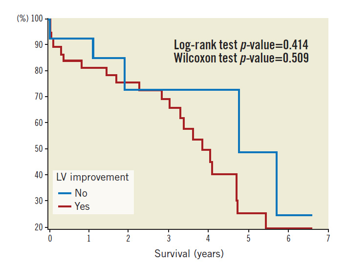 Figure 4. Kaplan-Meier survival plot in the cohort of severe LV failure.